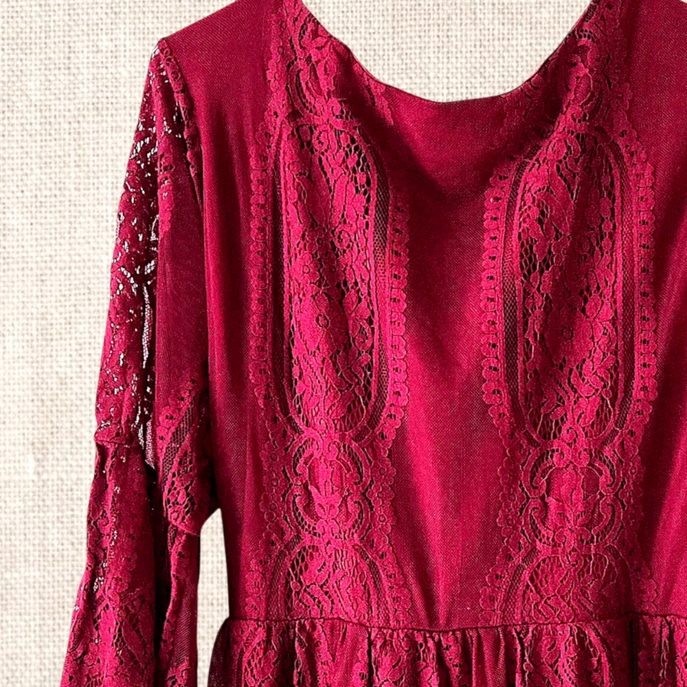 Cranberry Red Lace Maxi Dress Event Holiday Wedding V-neck Ruffled Sleeve Plus - Picture 9 of 11